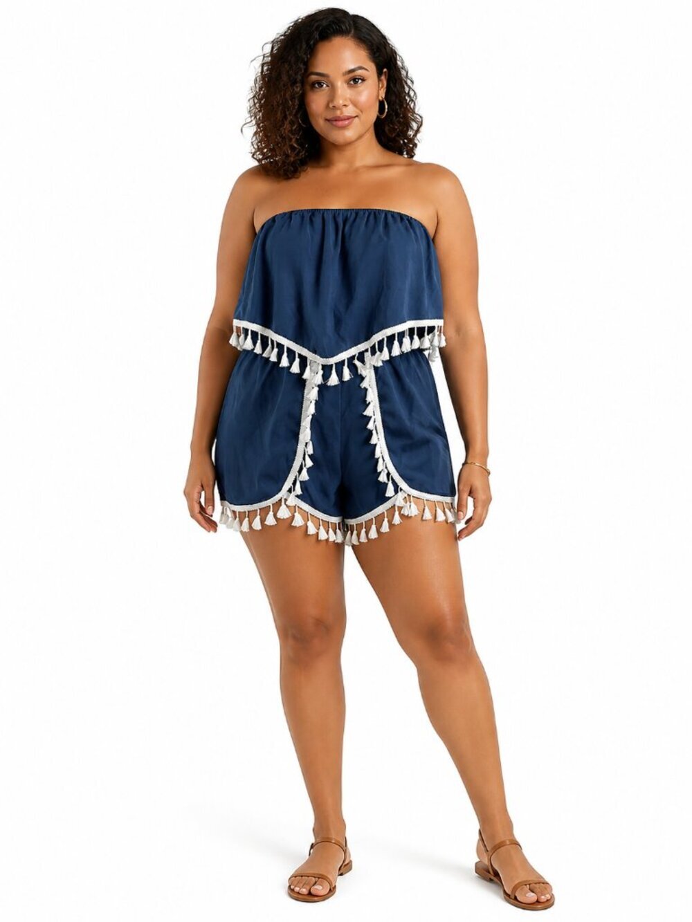 JACK by BB Dakota Faith Fringe Romper Blue L Boho Festival Summer Casual